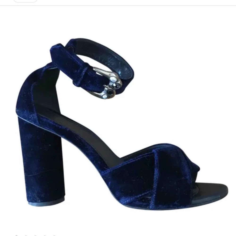 Maje Navy Buckled Velvet Block Heels